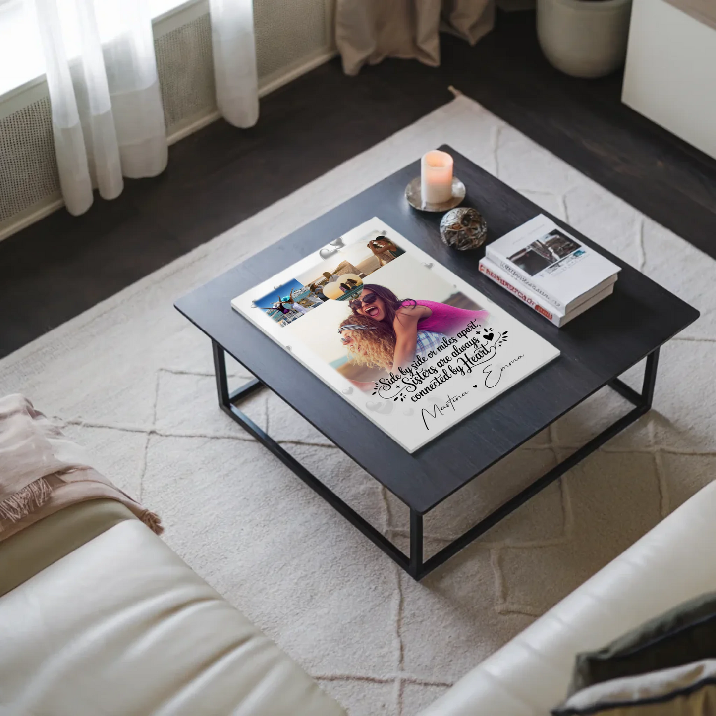 Personalisierte Fotoboard Magnet Wandbild mit 4 Fotos und Herz Side by Side