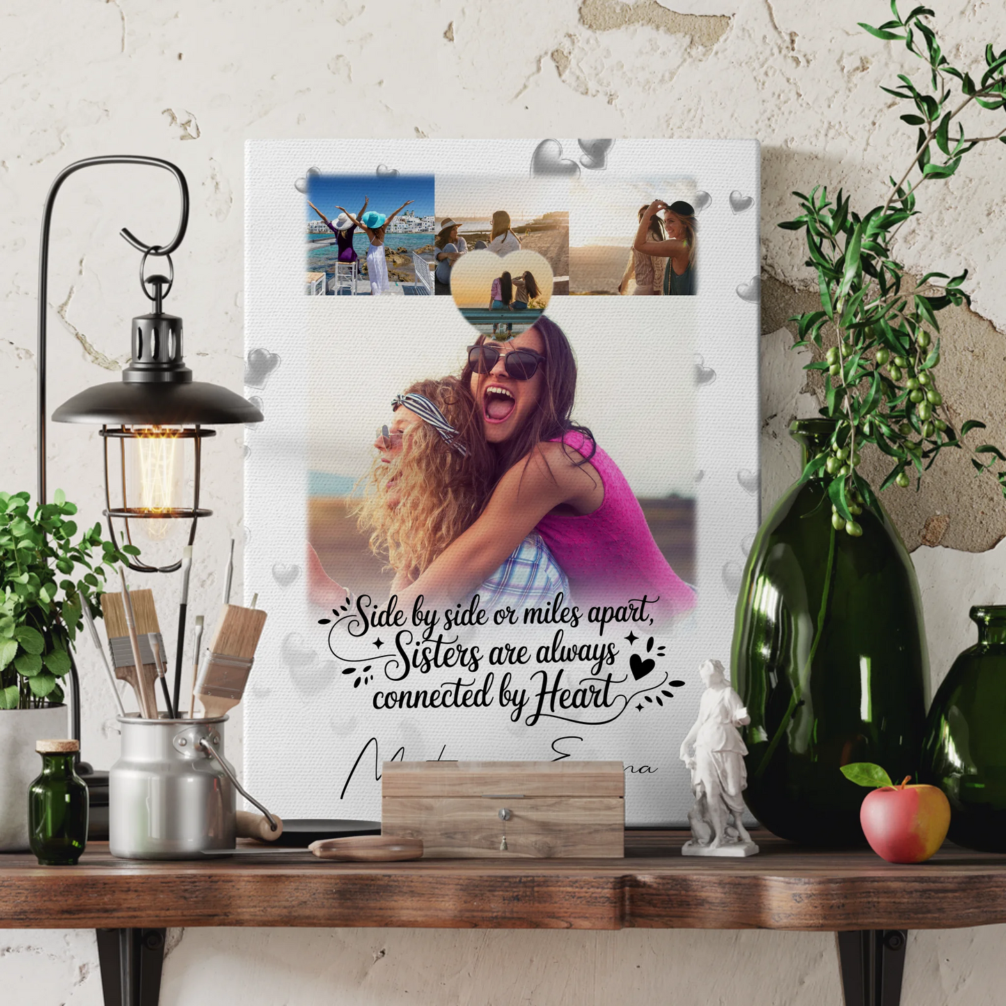 Personalisierte Leinwand Schwester mit 4 Fotos und Herz Side by Side