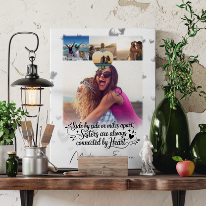 Personalisierte Leinwand Schwester mit 4 Fotos und Herz Side by Side