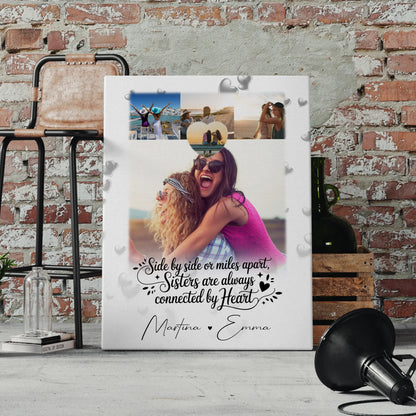 Personalisierte Leinwand Schwester mit 4 Fotos und Herz Side by Side