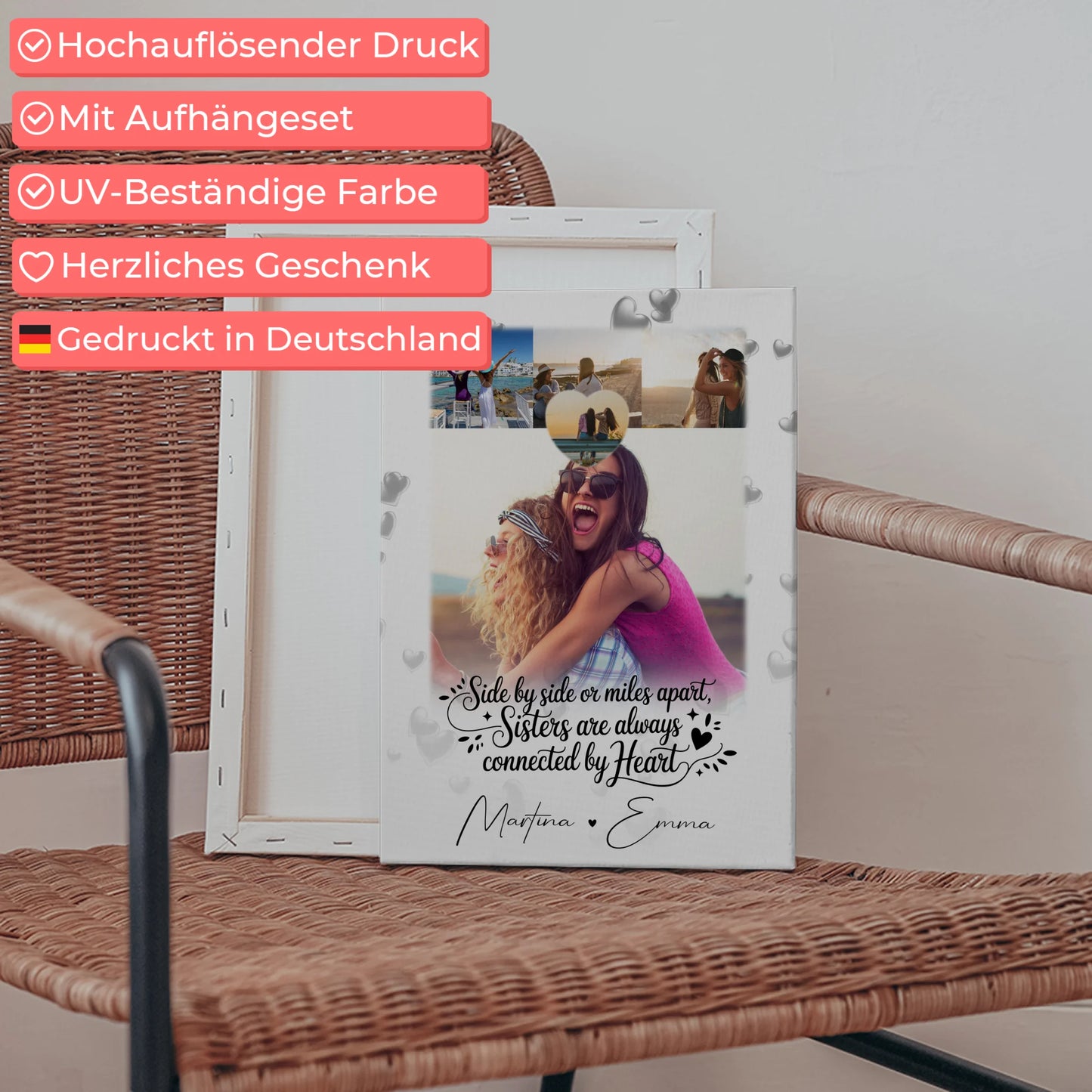 Personalisierte Leinwand Schwester mit 4 Fotos und Herz Side by Side
