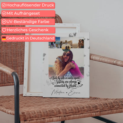 Personalisierte Leinwand Schwester mit 4 Fotos und Herz Side by Side