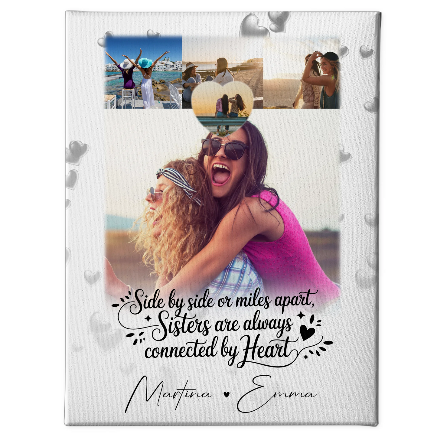 Personalisierte Leinwand Schwester mit 4 Fotos und Herz Side by Side