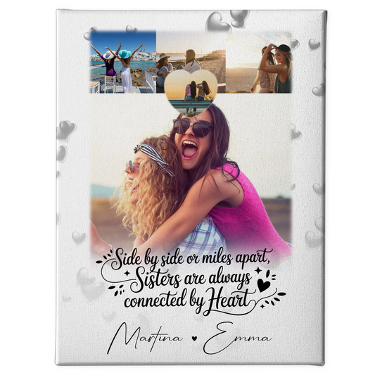 Personalisierte Leinwand Schwester mit 4 Fotos und Herz Side by Side