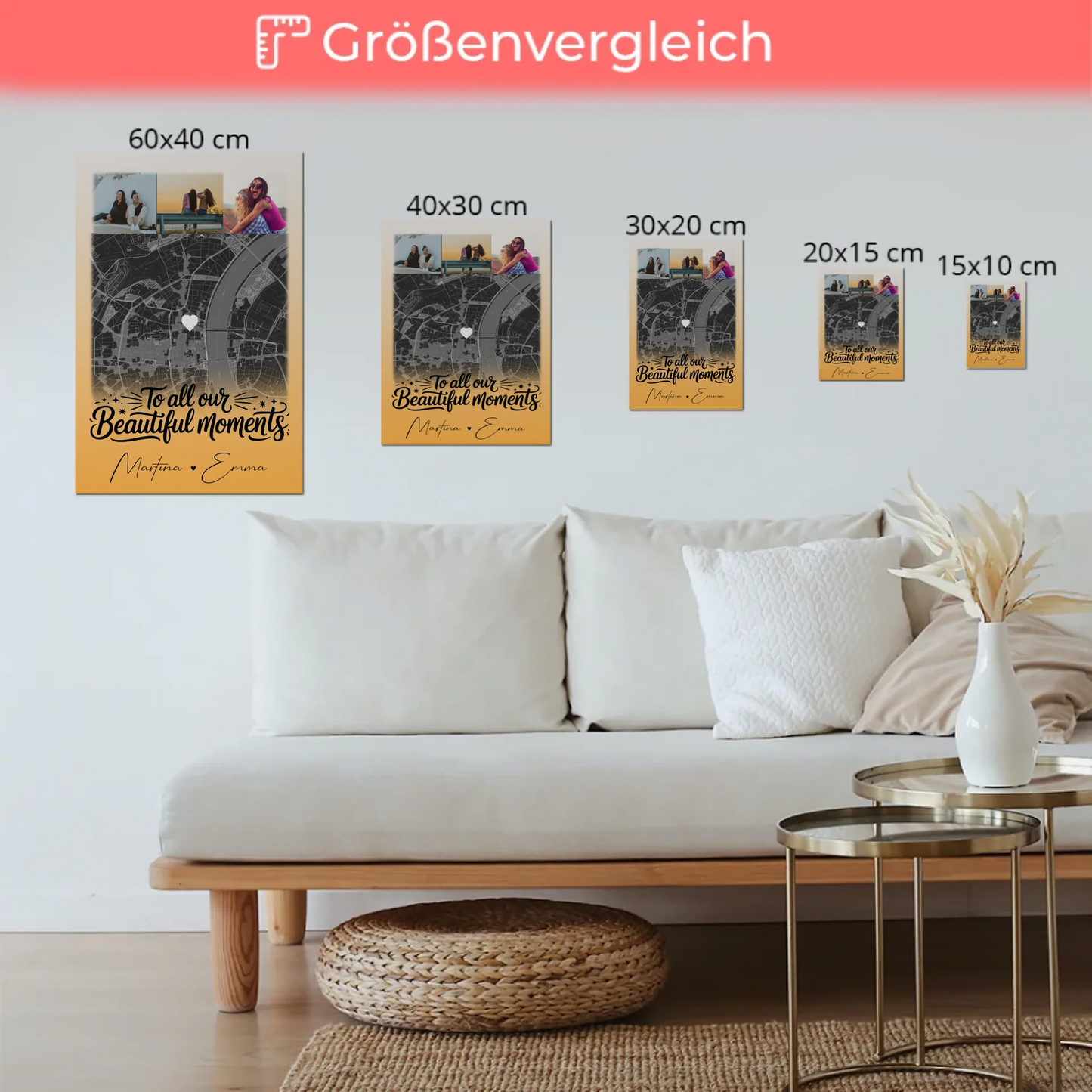 Personalisierbares Fotoboard Poster Magnetisch mit 4 Fotos und Karte für individuelle Geschenke