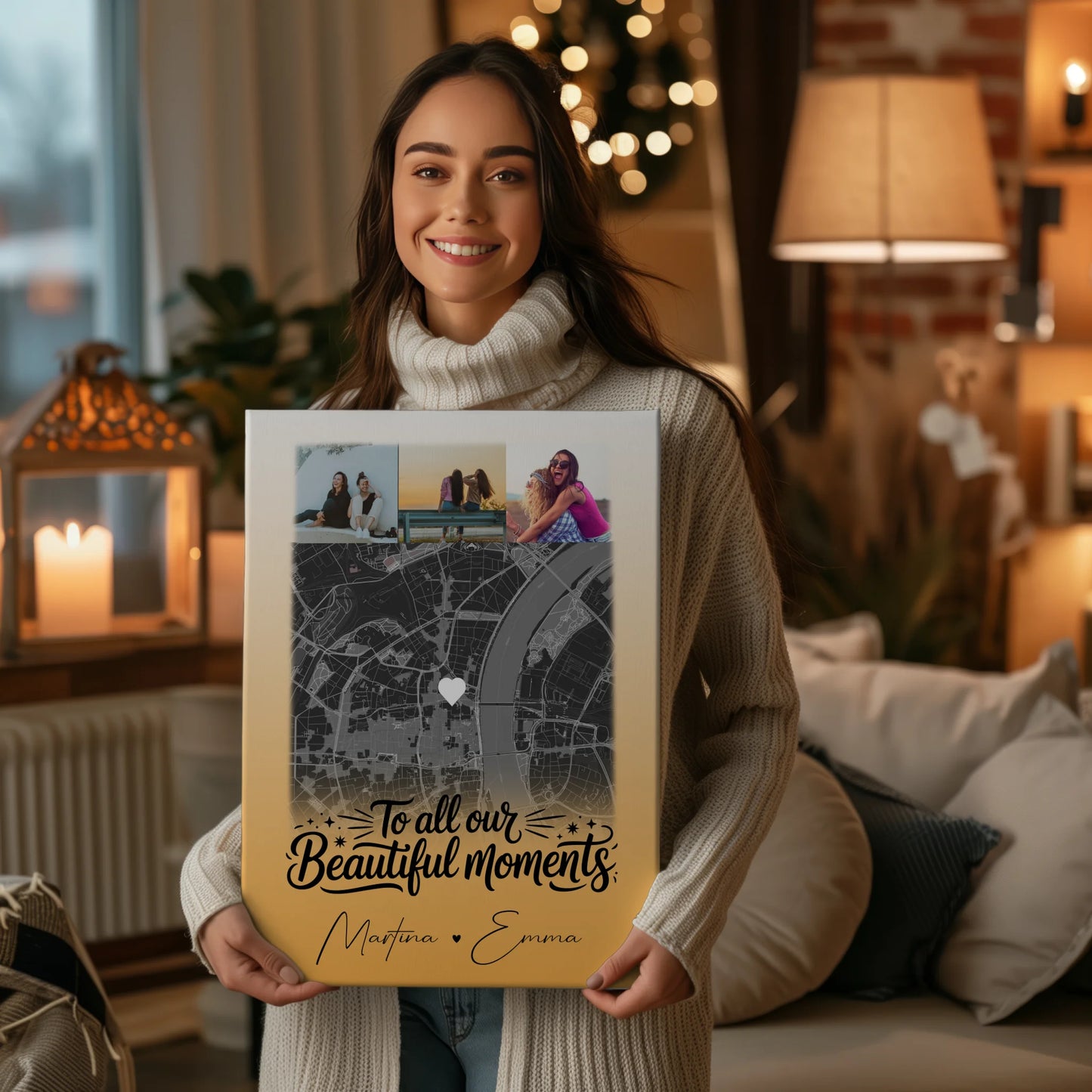 Personalisierte Leinwand Schwester mit 4 Fotos und Karte – Individuelles Geschenk