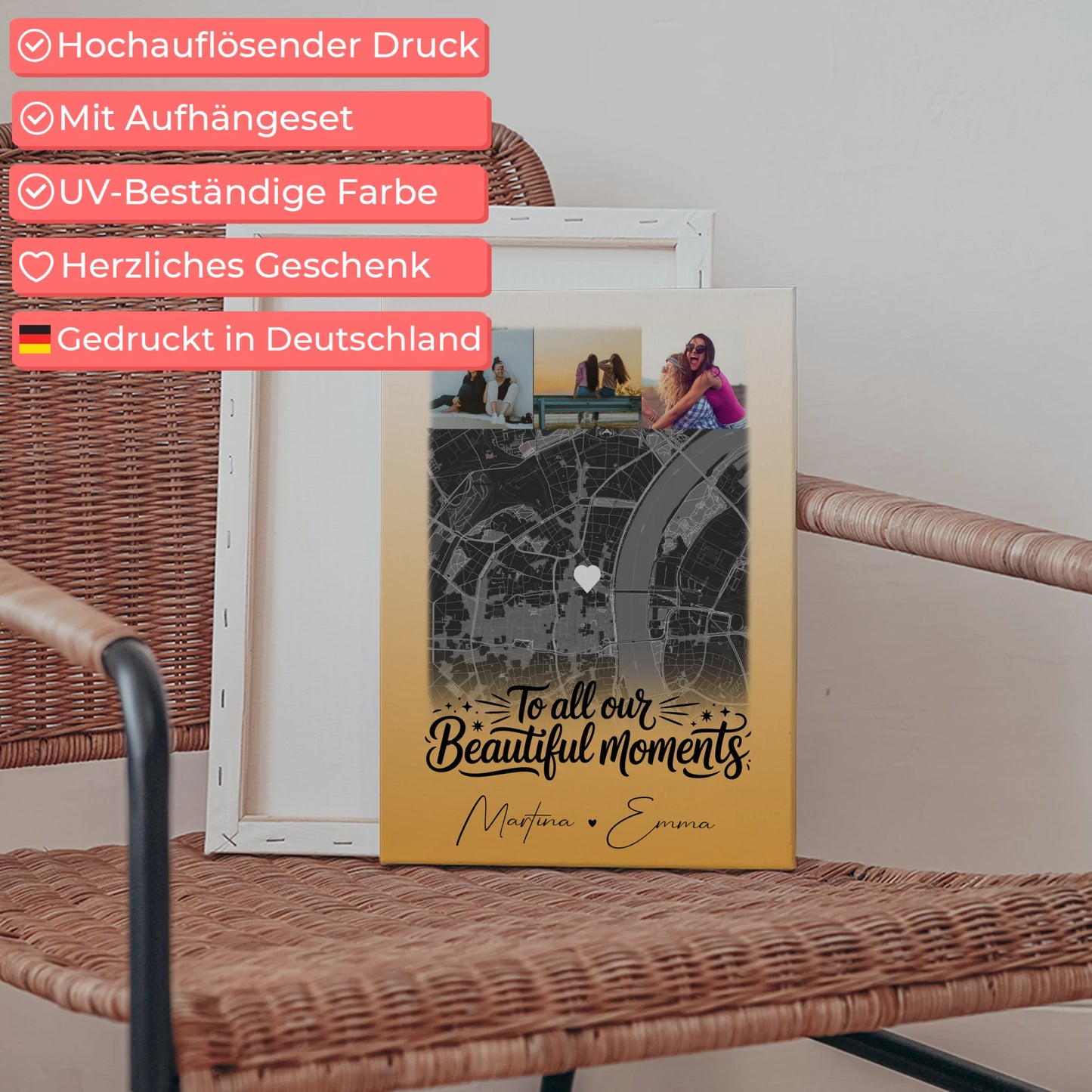 Personalisierte Leinwand Schwester mit 4 Fotos und Karte – Individuelles Geschenk