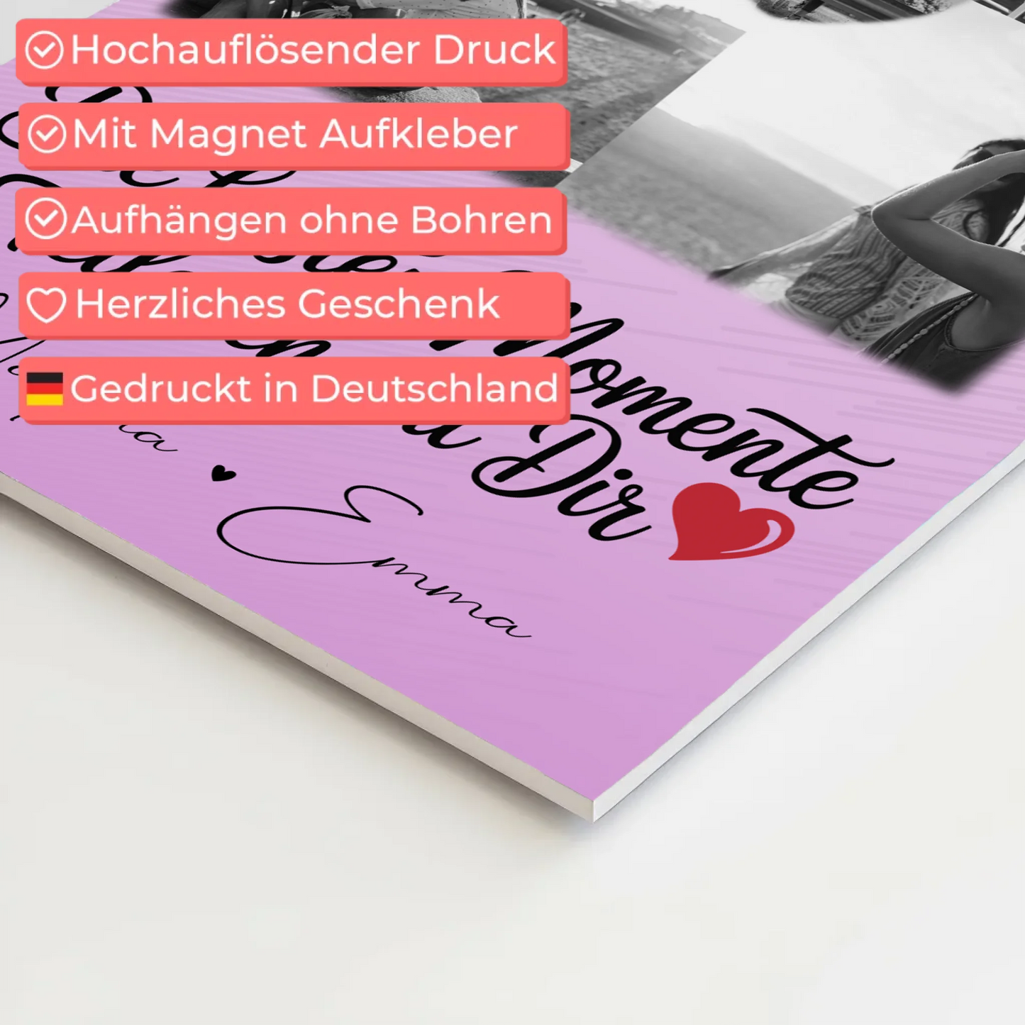 Personalisiertes Fotoboard Magnet Wandbild mit 4 Fotos und 1 Herz Foto Die besten Momente