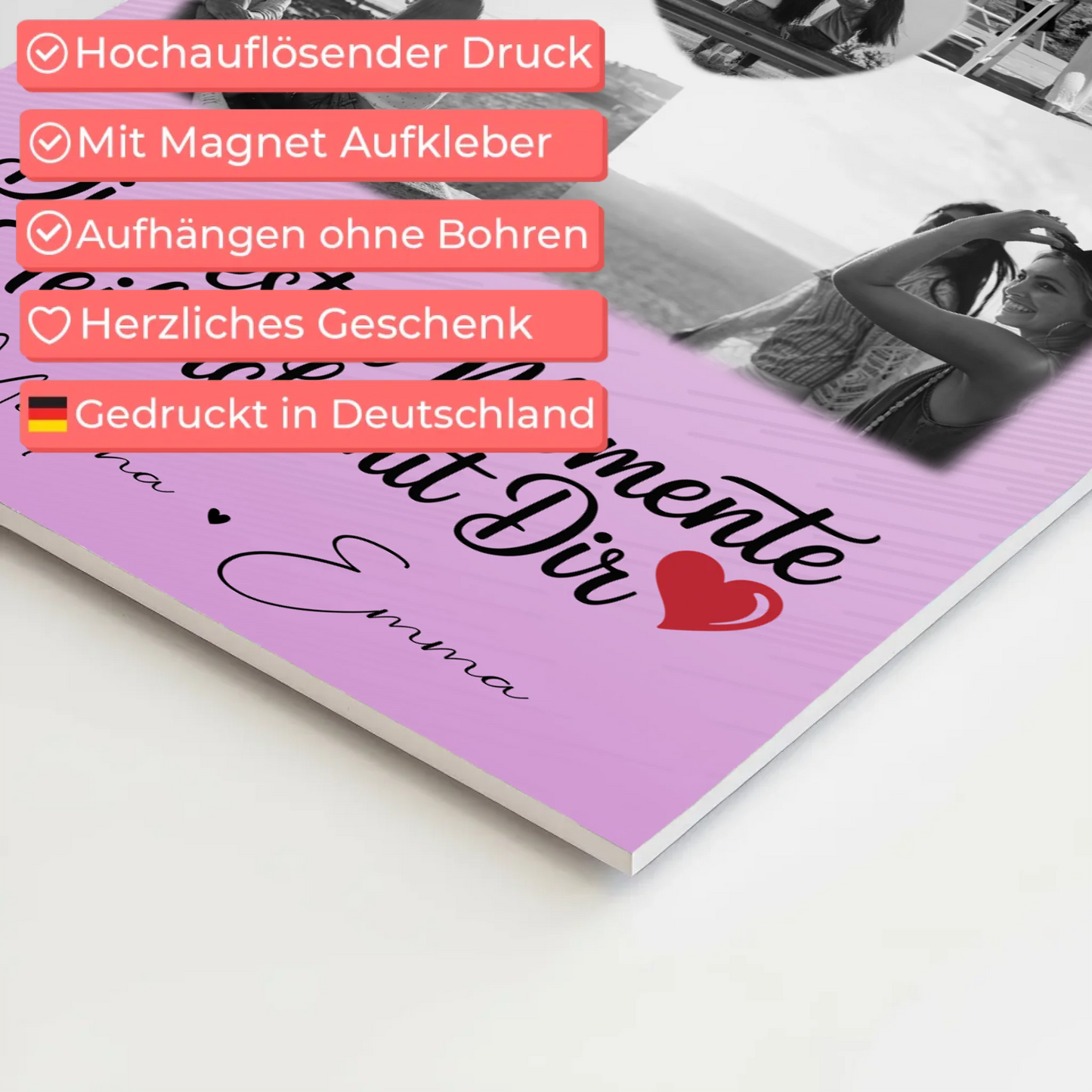 Personalisiertes Fotoboard Magnet Wandbild mit 4 Fotos und 1 Herz Foto Die besten Momente