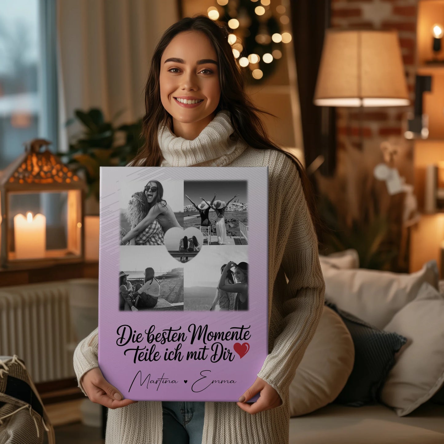 Personalisierte Schwester Leinwand mit 4 Fotos und 1 Herz Foto Die besten Momente