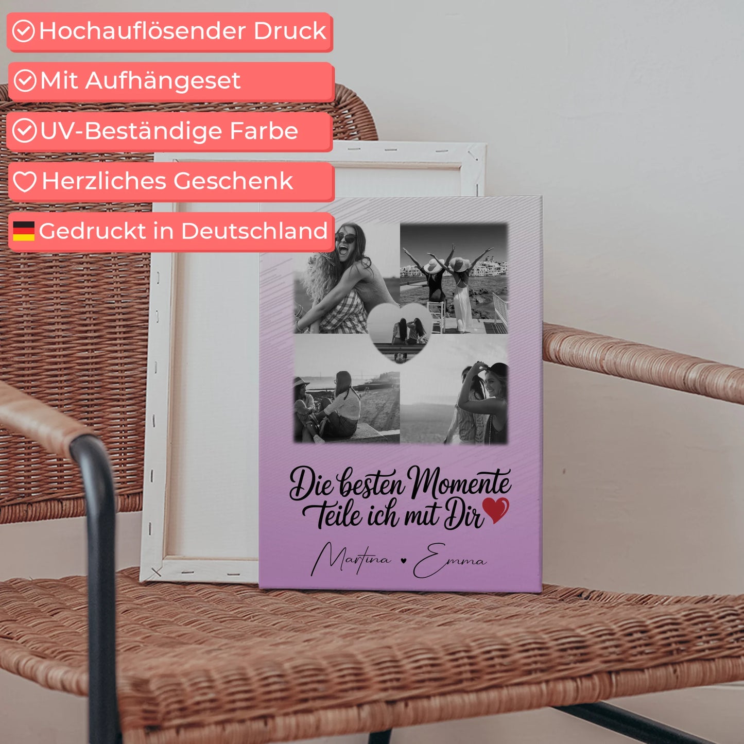 Personalisierte Schwester Leinwand mit 4 Fotos und 1 Herz Foto Die besten Momente