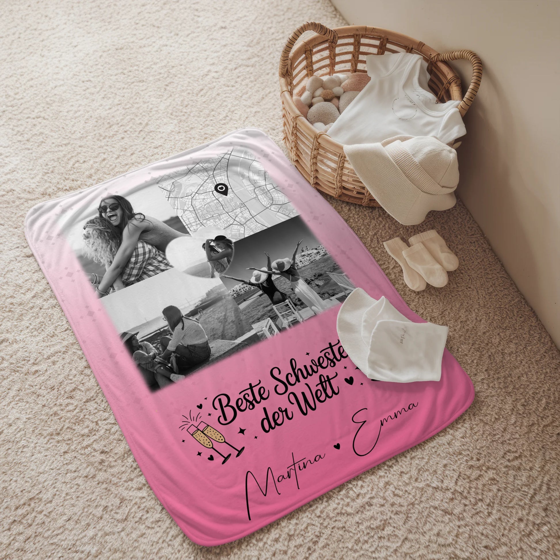 Kuscheldecke Mit Namen 3 Fotos und Herz Foto Karte Beste Schwester der Welt personalisiertes Geschenk 2