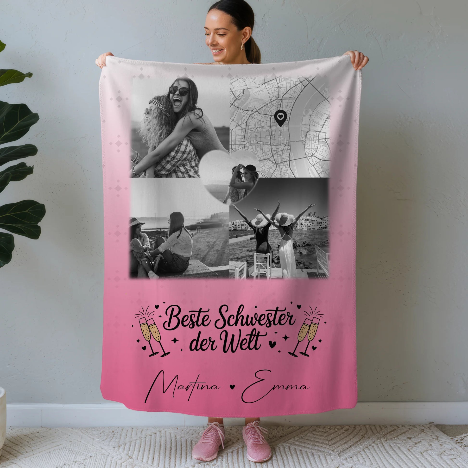 Kuscheldecke Mit Namen 3 Fotos und Herz Foto Karte Beste Schwester der Welt personalisiertes Geschenk 1