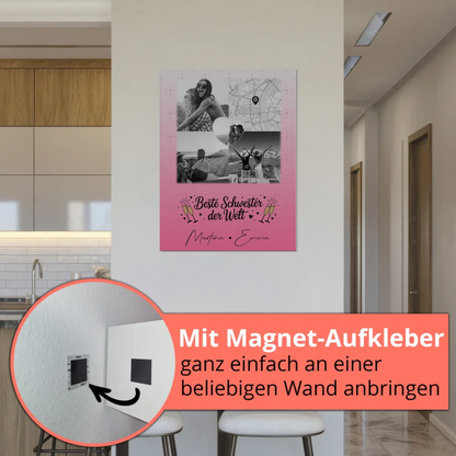 Magnetposter Fotoboard mit 3 Fotos und Herz Foto Karte für die beste Schwester der Welt