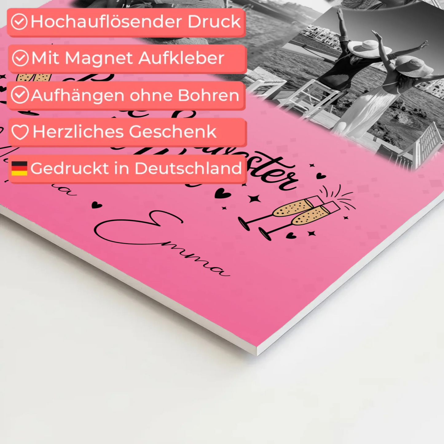 Magnetposter Fotoboard mit 3 Fotos und Herz Foto Karte für die beste Schwester der Welt