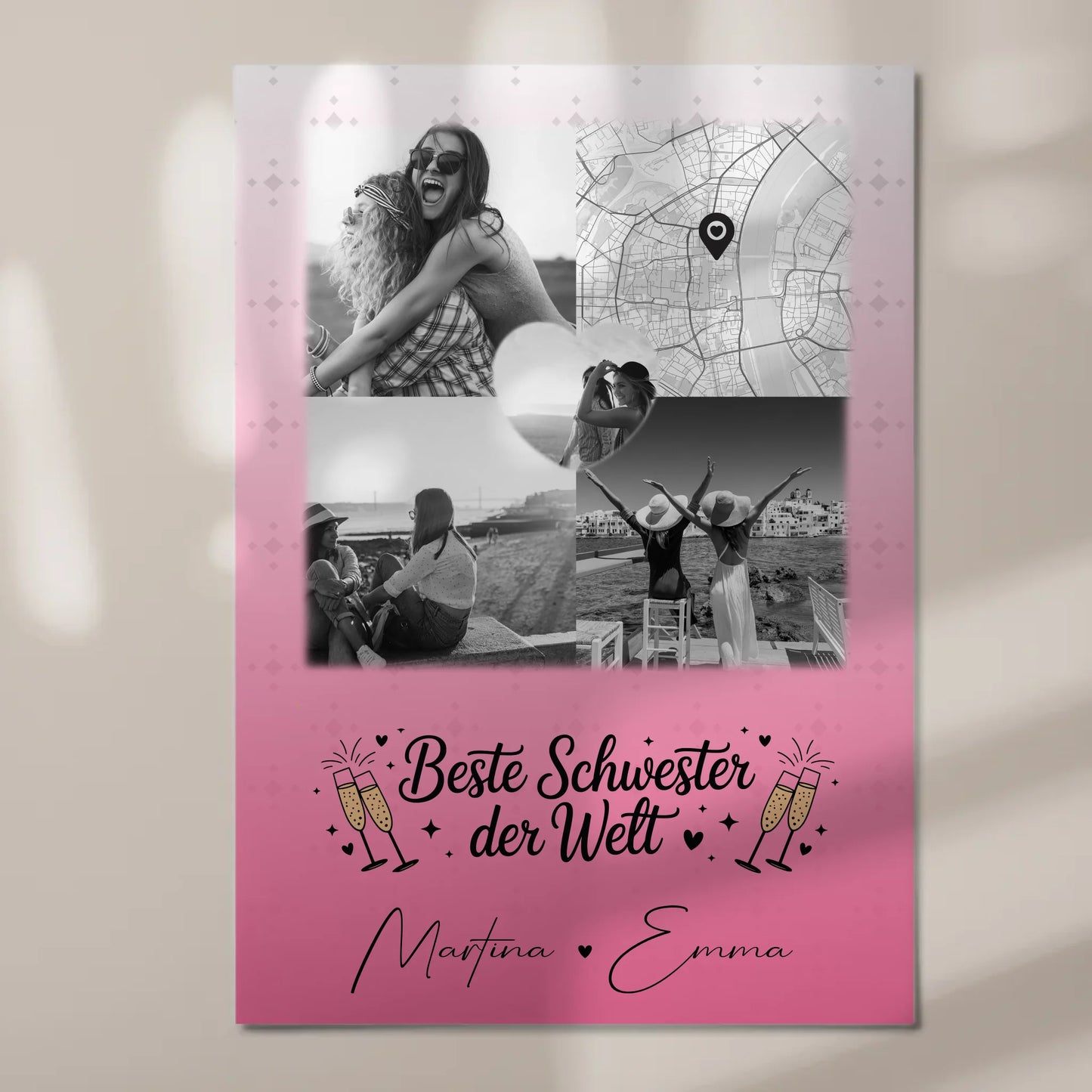 Magnetposter Fotoboard mit 3 Fotos und Herz Foto Karte für die beste Schwester der Welt