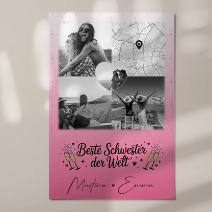 Magnetposter Fotoboard mit 3 Fotos und Herz Foto Karte für die beste Schwester der Welt