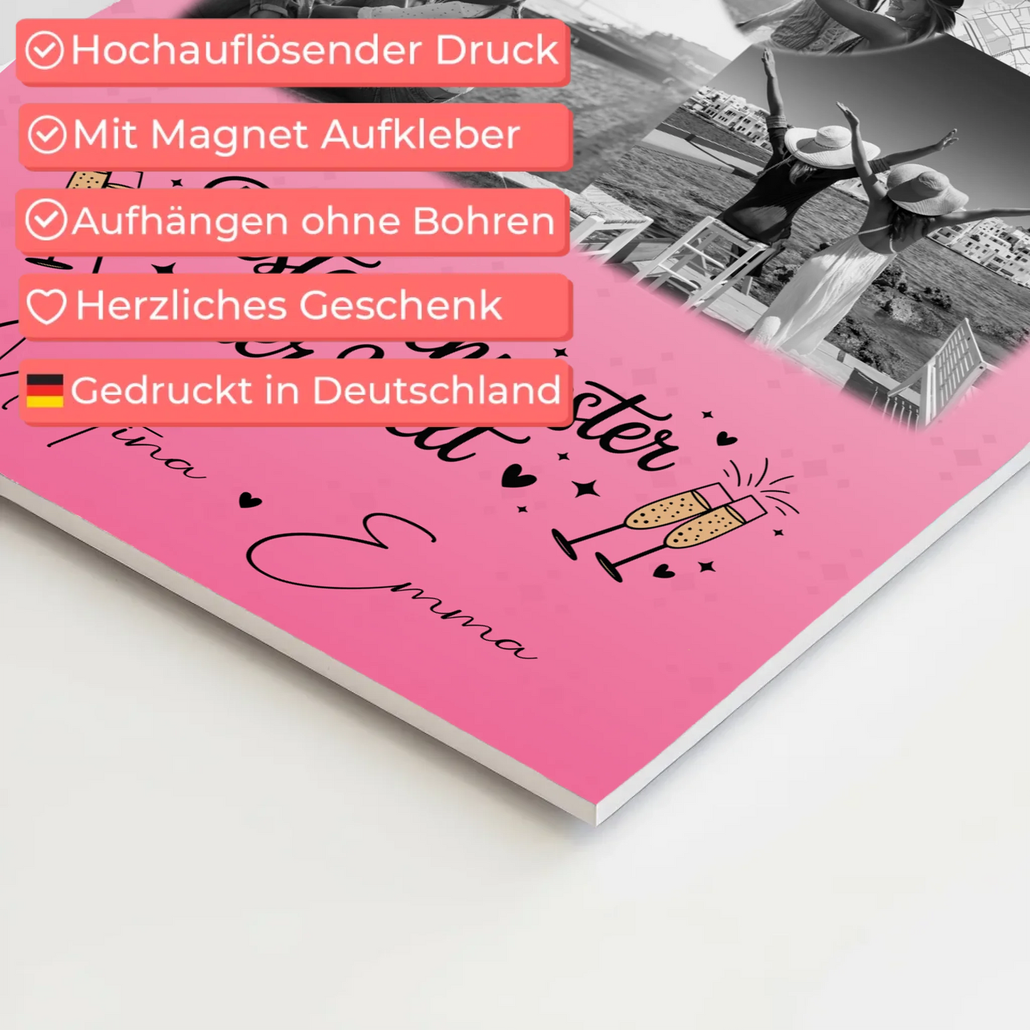 Magnetposter Fotoboard mit 3 Fotos und Herz Foto Karte für die beste Schwester der Welt