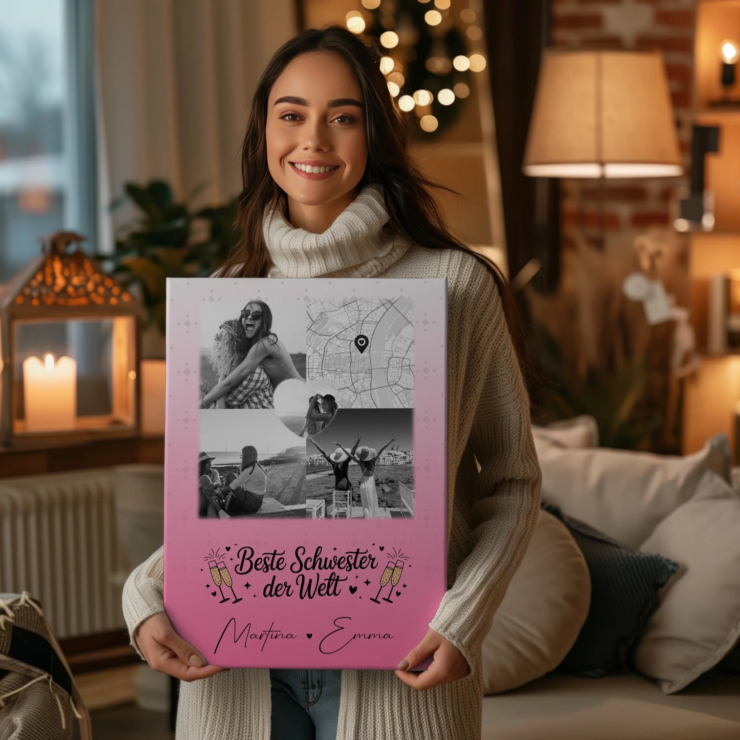 Personalisierte Leinwand Schwester mit 3 Fotos und Herz Foto Karte Beste Schwester der Welt