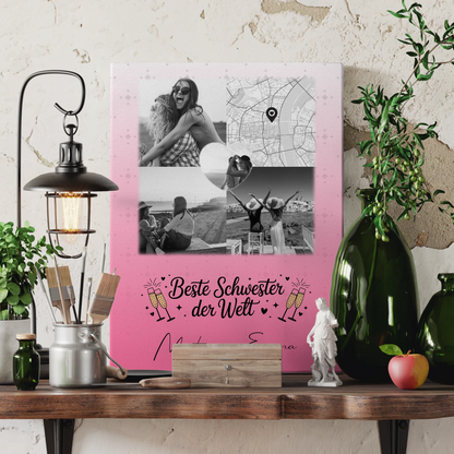 Personalisierte Leinwand Schwester mit 3 Fotos und Herz Foto Karte Beste Schwester der Welt