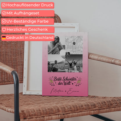 Personalisierte Leinwand Schwester mit 3 Fotos und Herz Foto Karte Beste Schwester der Welt