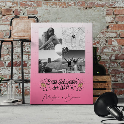 Personalisierte Leinwand Schwester mit 3 Fotos und Herz Foto Karte Beste Schwester der Welt