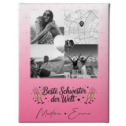 Personalisierte Leinwand Schwester mit 3 Fotos und Herz Foto Karte Beste Schwester der Welt