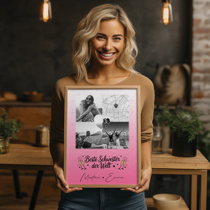 Personalisiertes Schwester Poster Beste Schwester der Welt mit 3 Fotos und Herz Karte