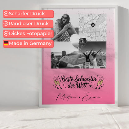 Personalisiertes Schwester Poster Beste Schwester der Welt mit 3 Fotos und Herz Karte