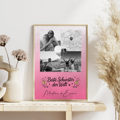 Personalisiertes Schwester Poster Beste Schwester der Welt mit 3 Fotos und Herz Karte
