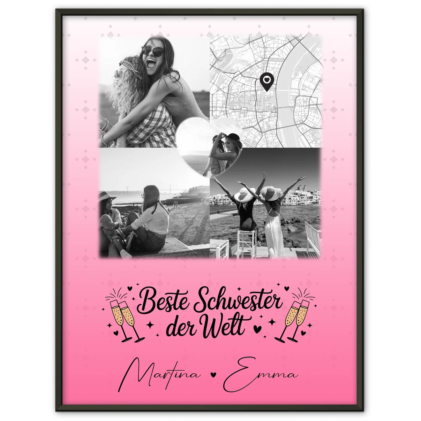 Personalisiertes Schwester Poster Beste Schwester der Welt mit 3 Fotos und Herz Karte