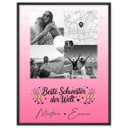Personalisiertes Schwester Poster Beste Schwester der Welt mit 3 Fotos und Herz Karte