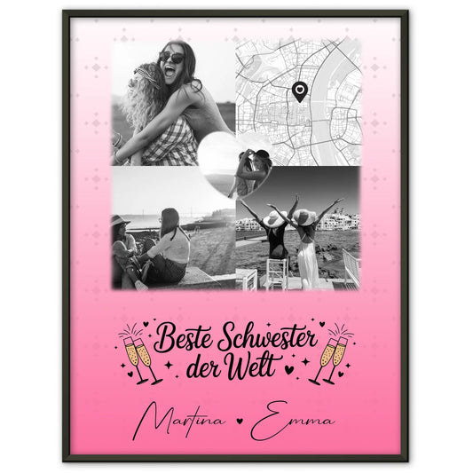 Personalisiertes Schwester Poster Beste Schwester der Welt mit 3 Fotos und Herz Karte