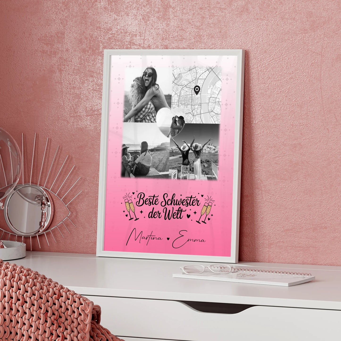 Personalisiertes Schwester Poster Beste Schwester der Welt mit 3 Fotos und Herz Karte