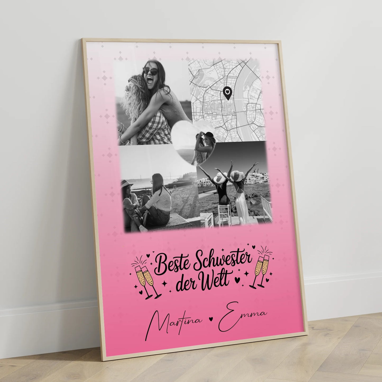 Personalisiertes Schwester Poster Beste Schwester der Welt mit 3 Fotos und Herz Karte