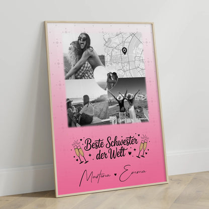 Personalisiertes Schwester Poster Beste Schwester der Welt mit 3 Fotos und Herz Karte