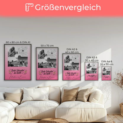 Personalisiertes Schwester Poster Beste Schwester der Welt mit 3 Fotos und Herz Karte