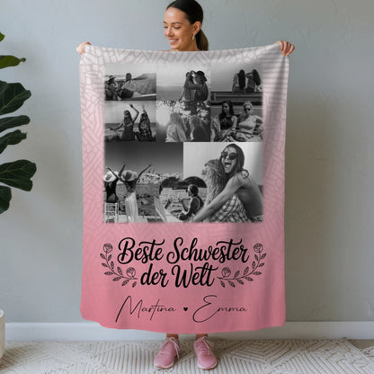 Personalisierte Kuscheldecke Mit Namen Und Motiv mit 8 Fotos und Herz Foto für Beste Schwester der Welt 1