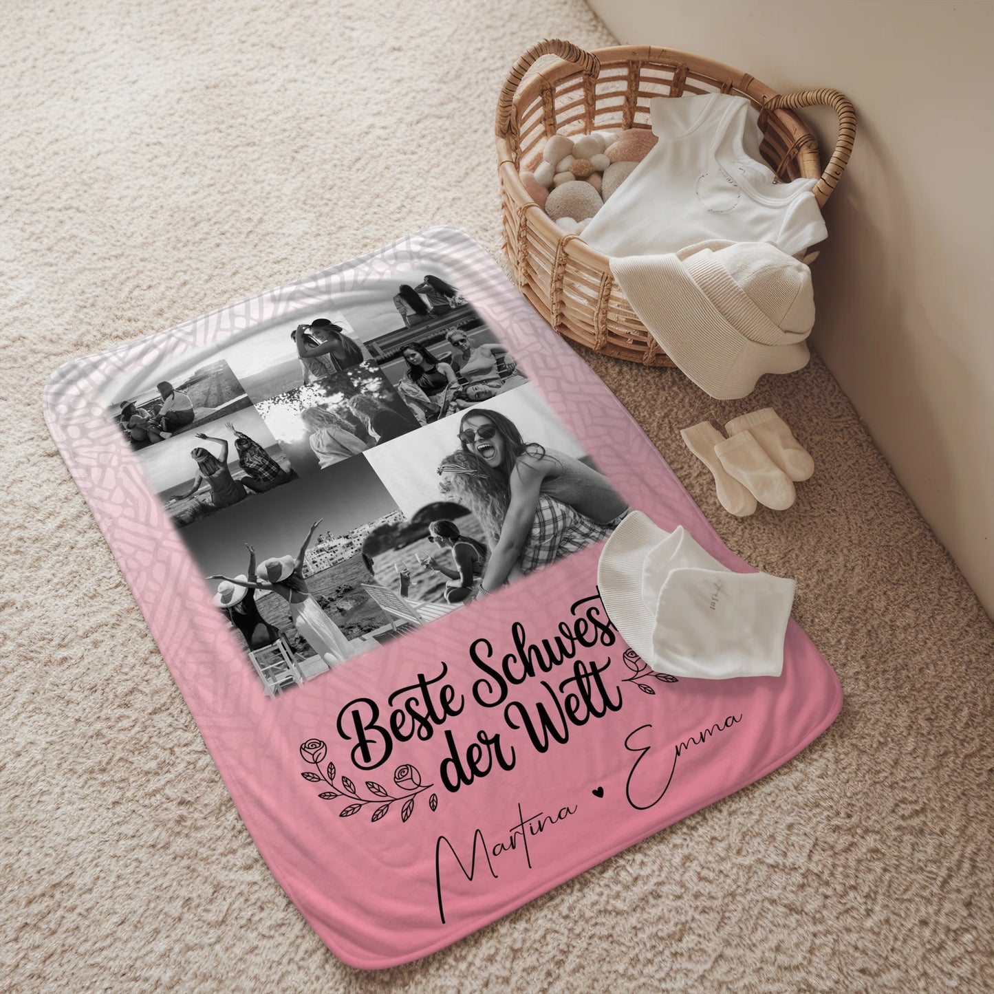 Personalisierte Kuscheldecke Mit Namen Und Motiv mit 8 Fotos und Herz Foto für Beste Schwester der Welt 2