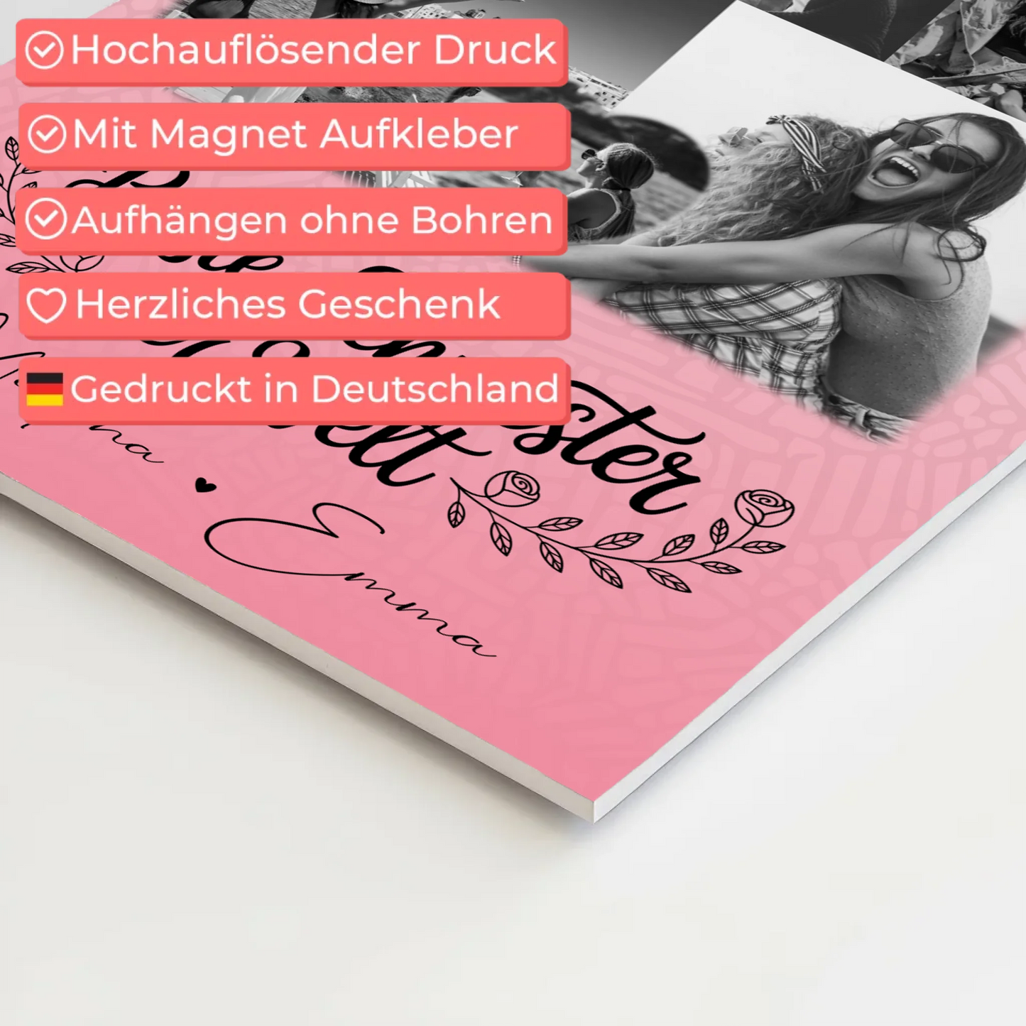 Magnetposter Fotoboard mit 8 Fotos und 1 Herz Foto Beste Schwester der Welt personalisiertes Geschenk