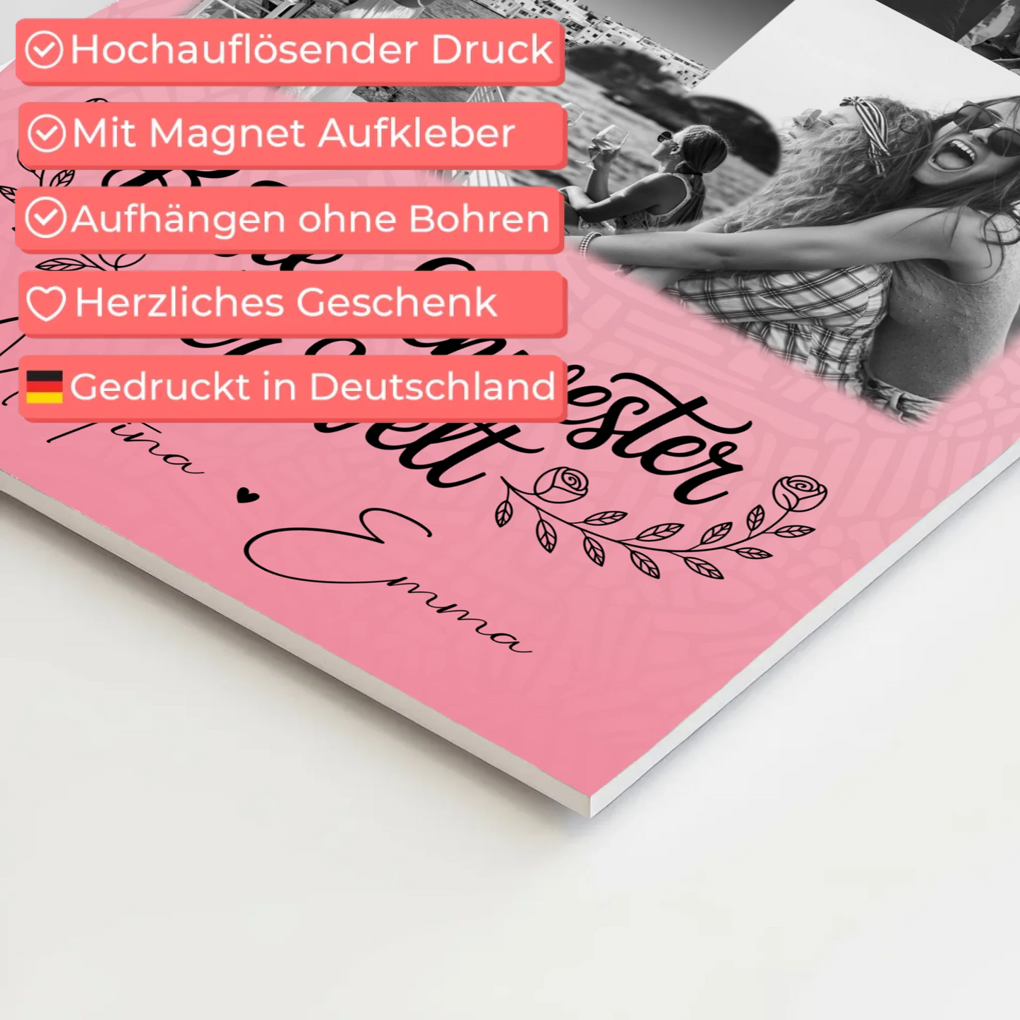 Magnetposter Fotoboard mit 8 Fotos und 1 Herz Foto Beste Schwester der Welt personalisiertes Geschenk