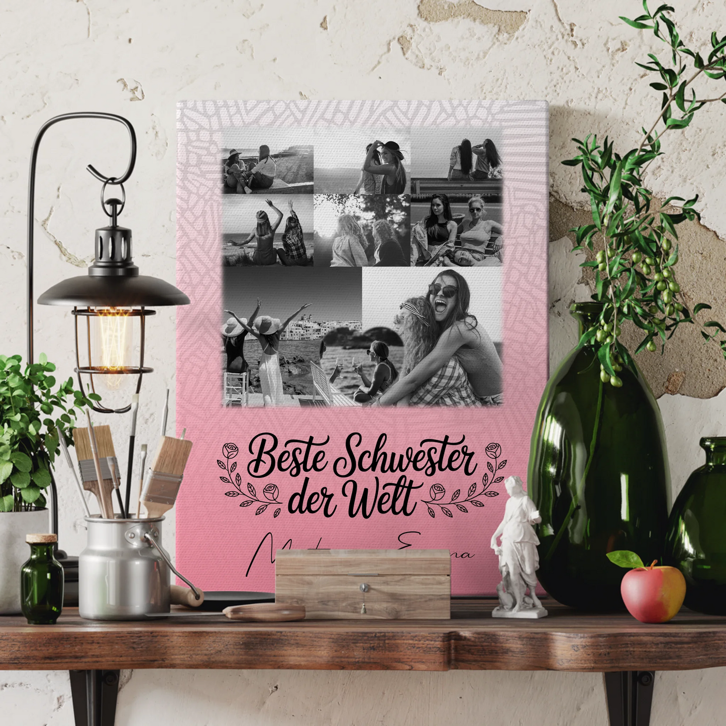 Personalisierte Schwester Leinwand mit 8 Fotos und 1 Herz Foto Beste Schwester der Welt