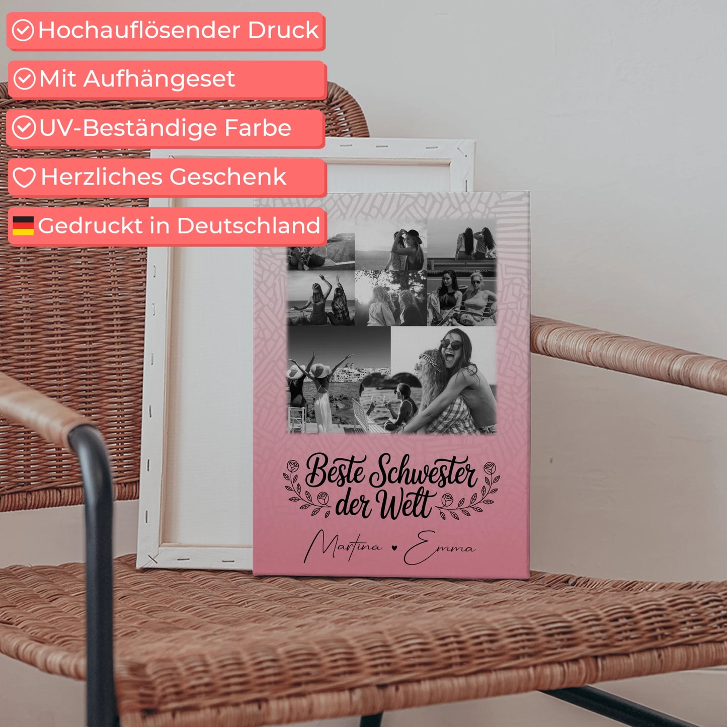 Personalisierte Schwester Leinwand mit 8 Fotos und 1 Herz Foto Beste Schwester der Welt