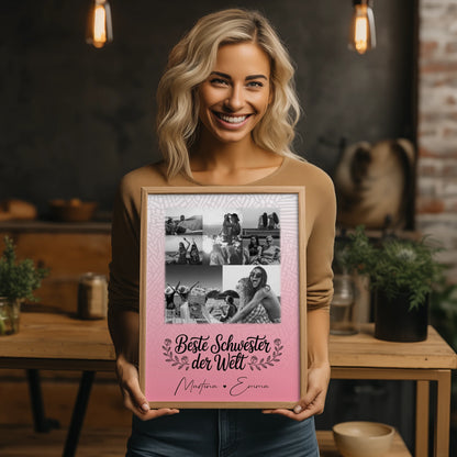 Personalisiertes Poster Schwester mit 8 Fotos und 1 Herz Foto Beste Schwester der Welt