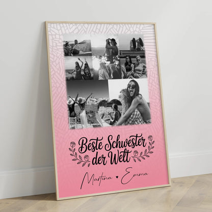 Personalisiertes Poster Schwester mit 8 Fotos und 1 Herz Foto Beste Schwester der Welt