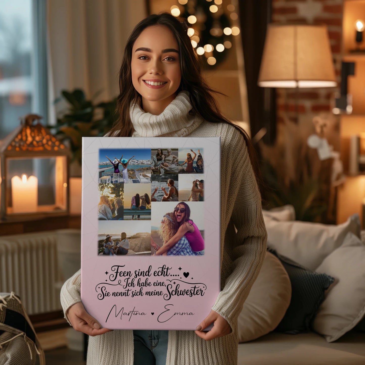 Personalisierte Schwester Leinwand mit 9 Fotos Feen sind echt Geschenk Wandbild
