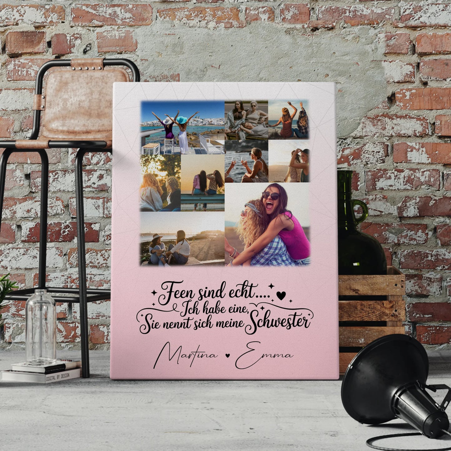 Personalisierte Schwester Leinwand mit 9 Fotos Feen sind echt Geschenk Wandbild