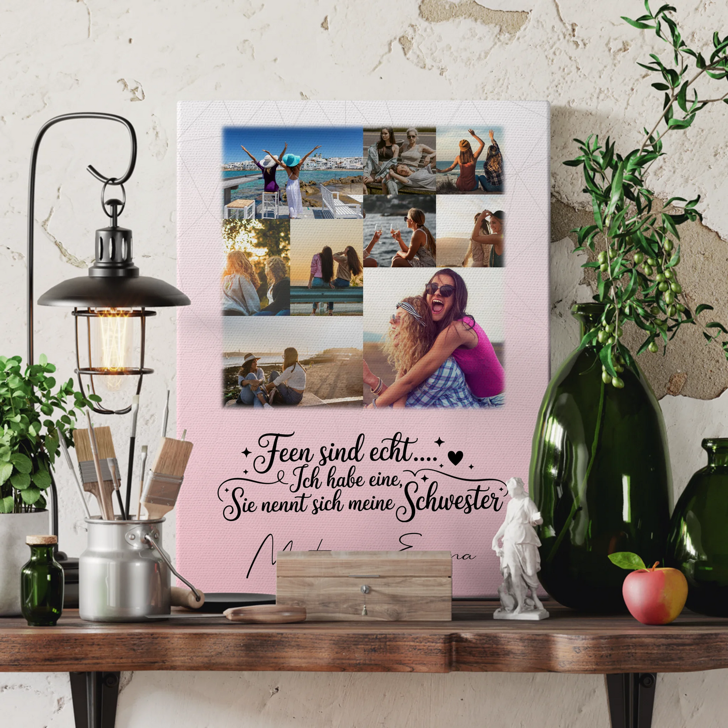 Personalisierte Schwester Leinwand mit 9 Fotos Feen sind echt Geschenk Wandbild