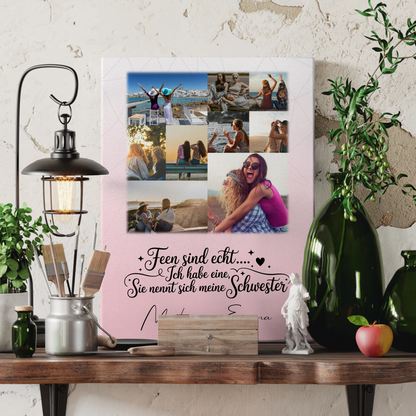 Personalisierte Schwester Leinwand mit 9 Fotos Feen sind echt Geschenk Wandbild