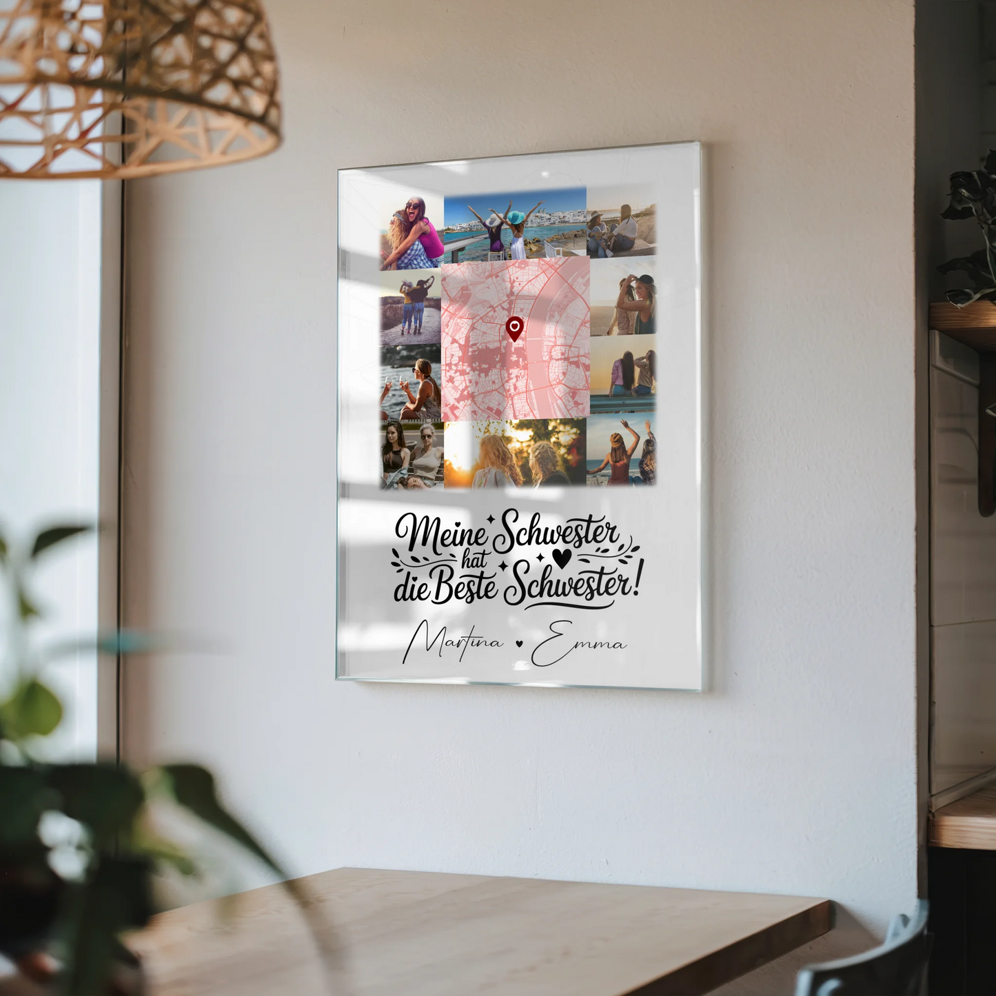 Personalisierte Foto Acrylglas mit 10 Fotos und Karte in der Mitte Meine Schwester hat die beste Schwester